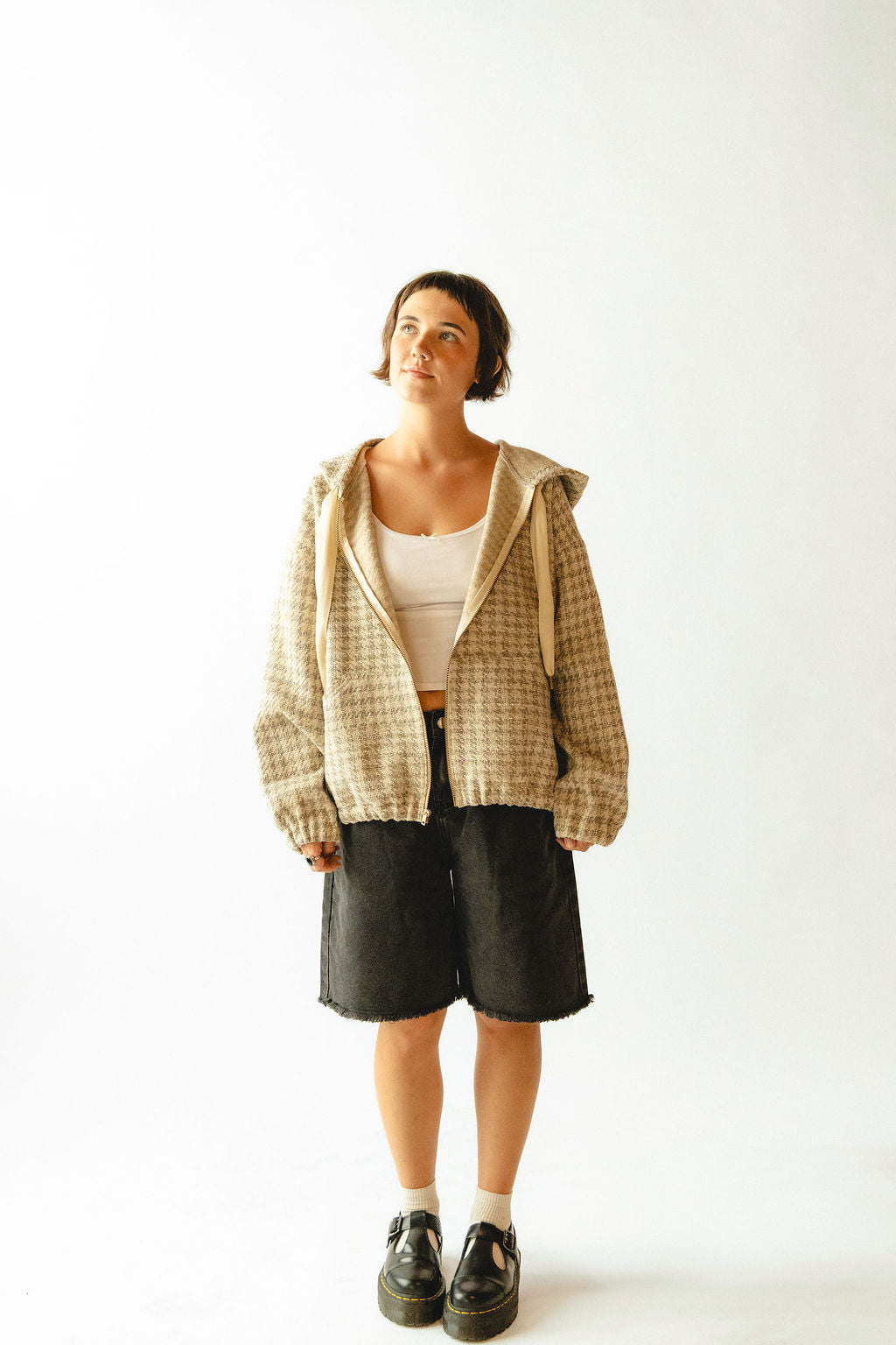 camellia plaid hooded zip up