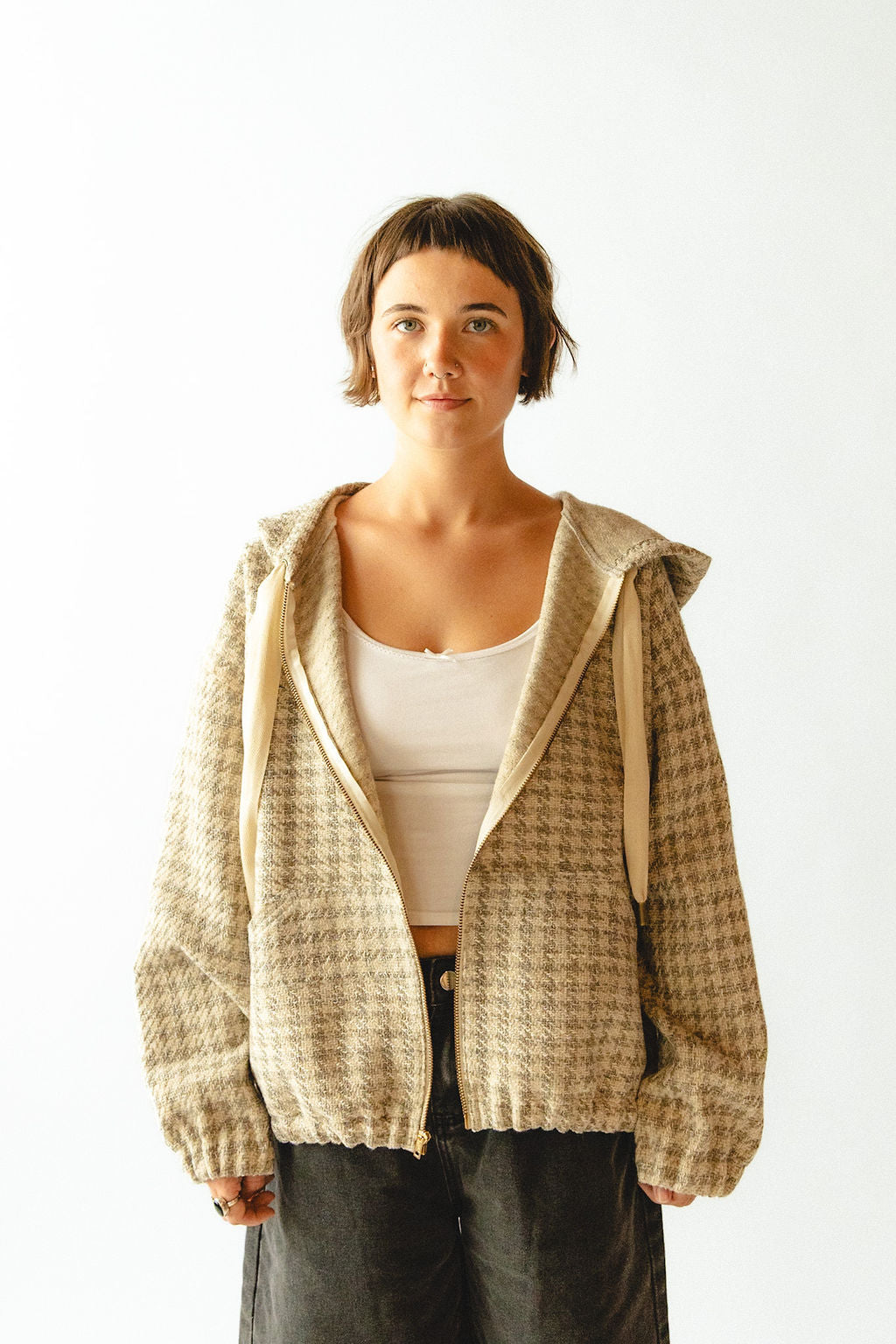 camellia plaid hooded zip up