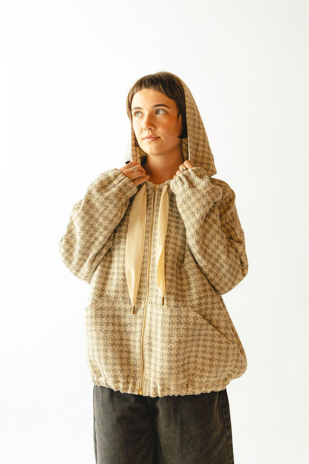 camellia plaid hooded zip up